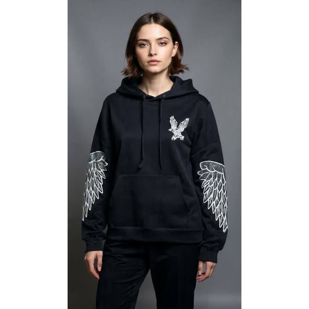 Reason Women’s Fly Higher Pullover Hoodie‎ Eagle Angel Wings Print Sz L Black
